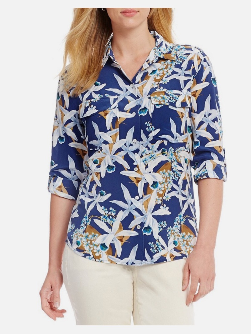 Tommy Bahama Orchid You Not Silk Cargo Shirt Blue Floral Button Down
